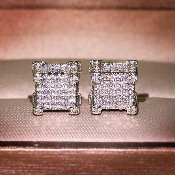 *18K White Gold Diamond All Around Square Earrings - Picture 4 of 4